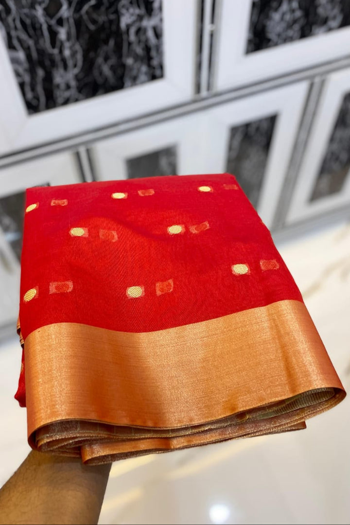 Nayantara Inspired Red Maheswari Banarasi Cotton Silk Saree