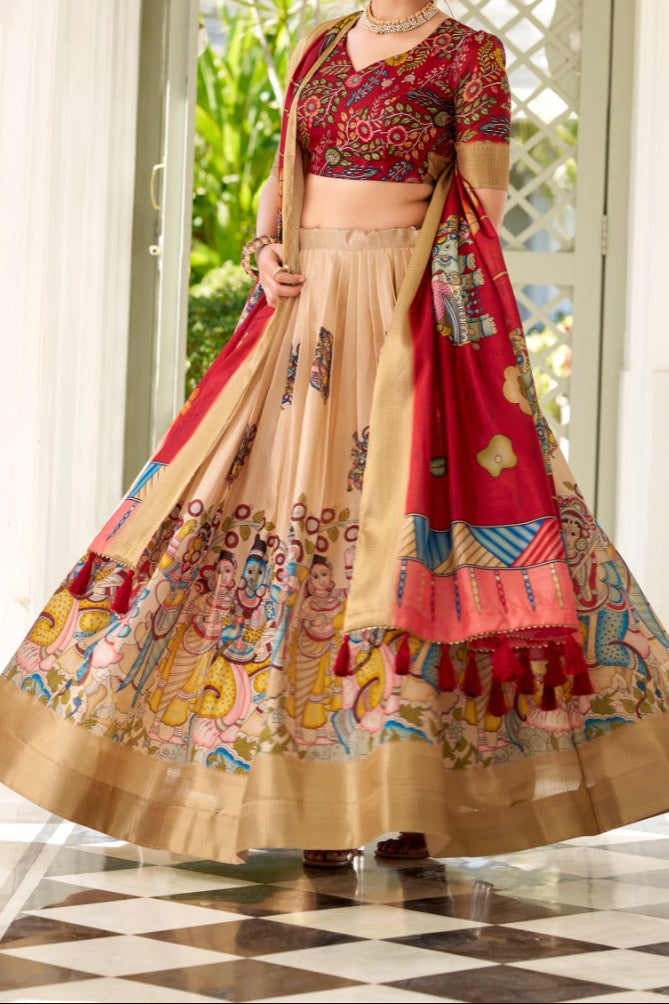 Kalamkari Style Designer Dola Silk Lehenga