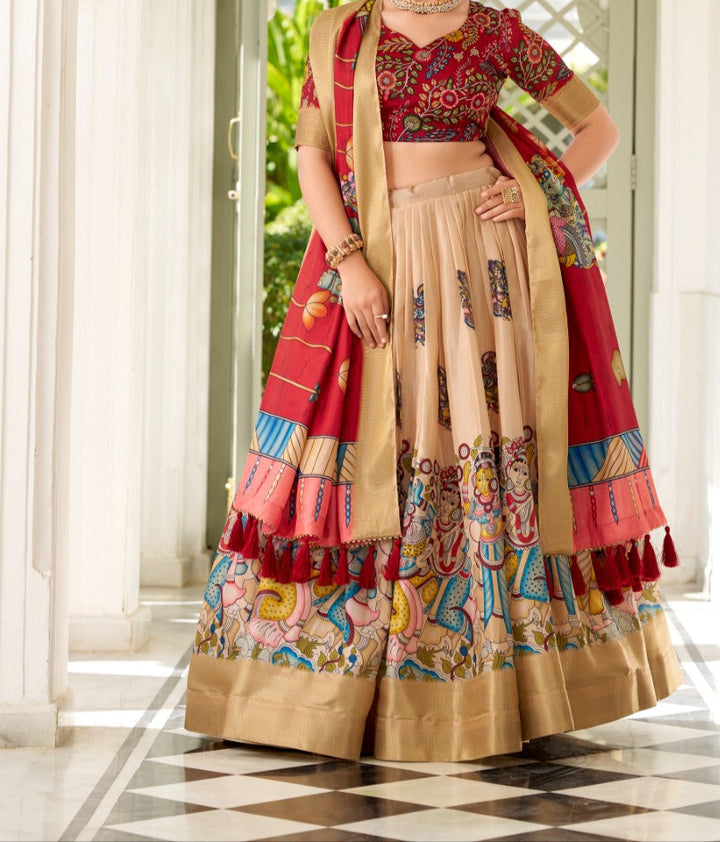 Kalamkari Style Designer Dola Silk Lehenga