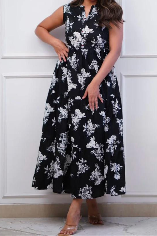 Black Flower Cotton Kurti Set