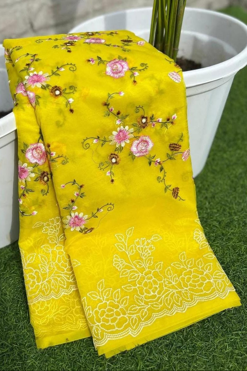 March Icon  Banarasi Organza Yellow Silk Saree