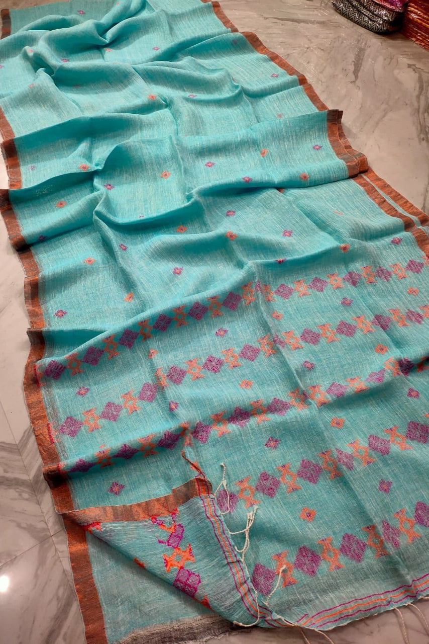 Subheccha Linen Jamdani Saree[Blue]