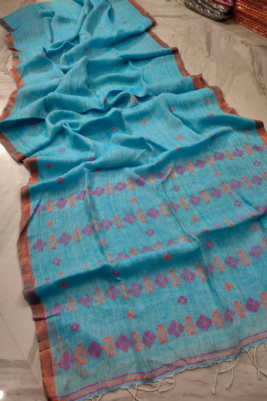 Subheccha Linen Jamdani Saree[Blue]