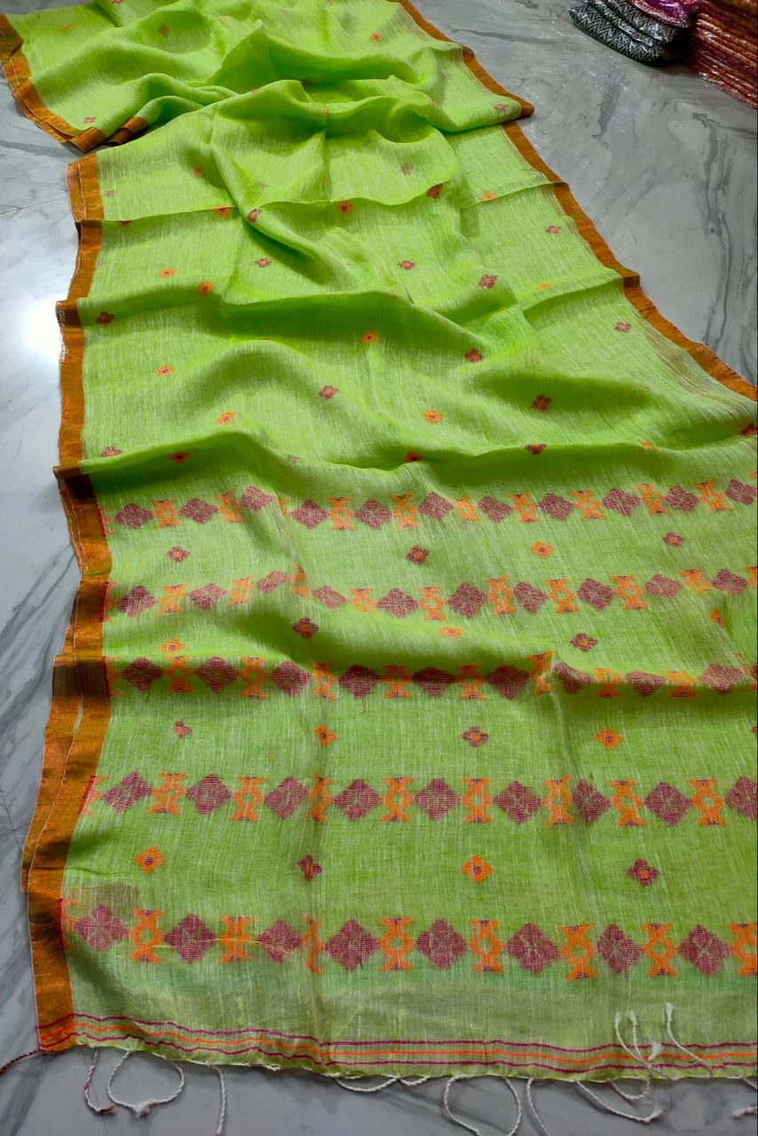 Subheccha Linen Jamdani Saree [Green]