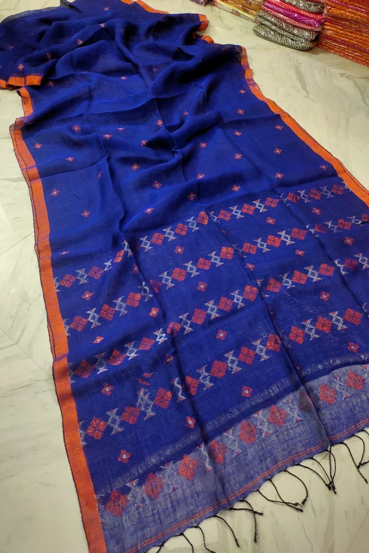 Subheccha Linen Jamdani Saree [Blue]