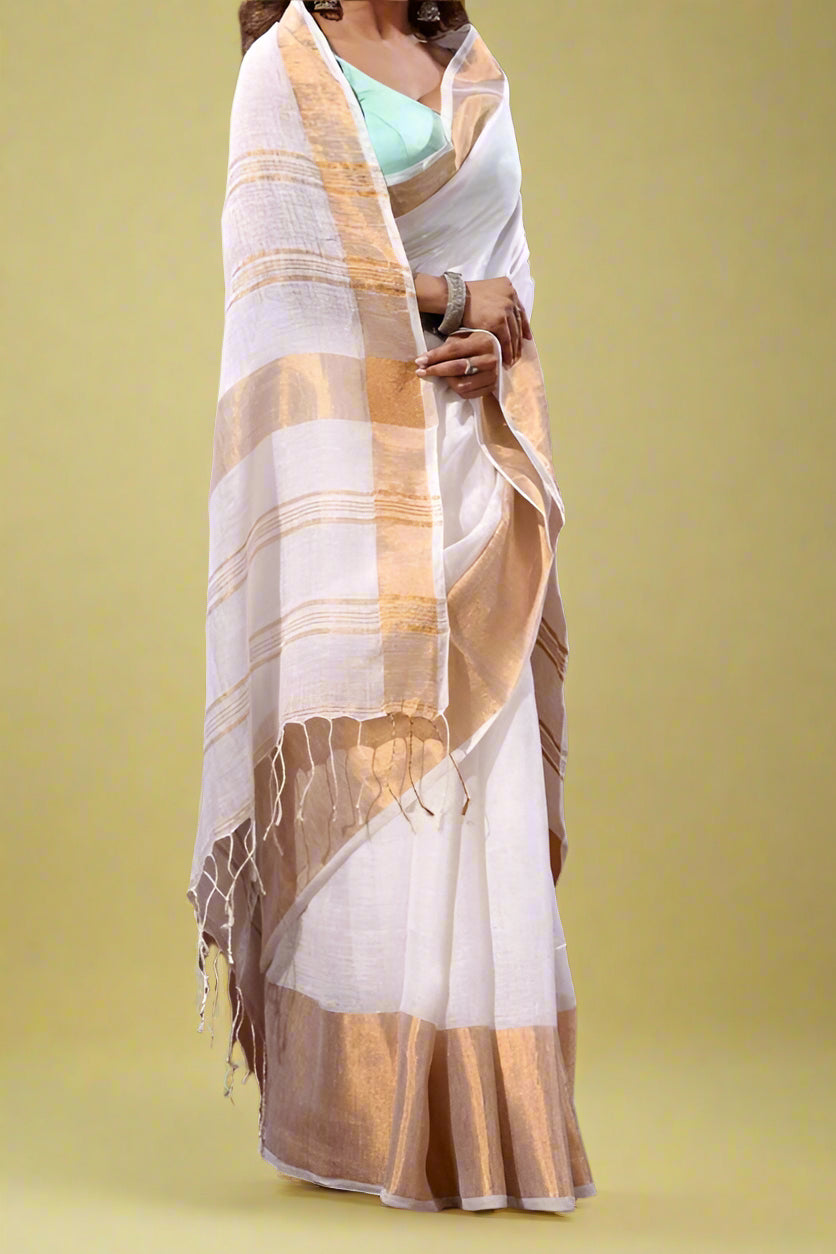 Smaranika White Linen Saree