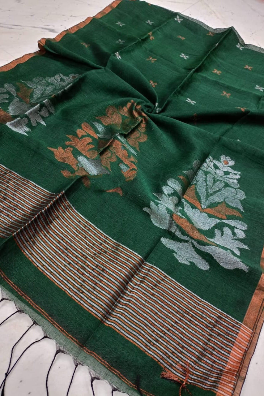 Kaniska Linen Green Jamdani Saree