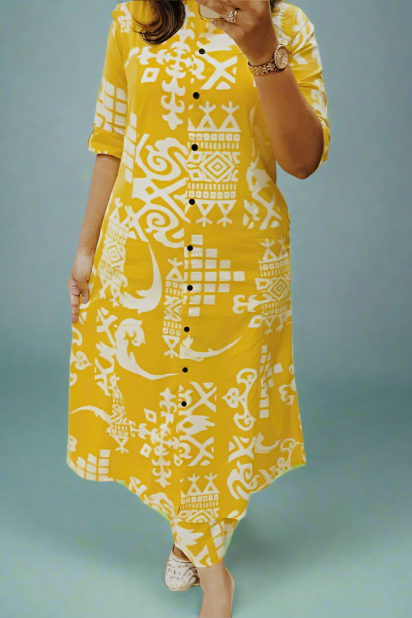 One Day Tale Yellow Cotton Kurti Set