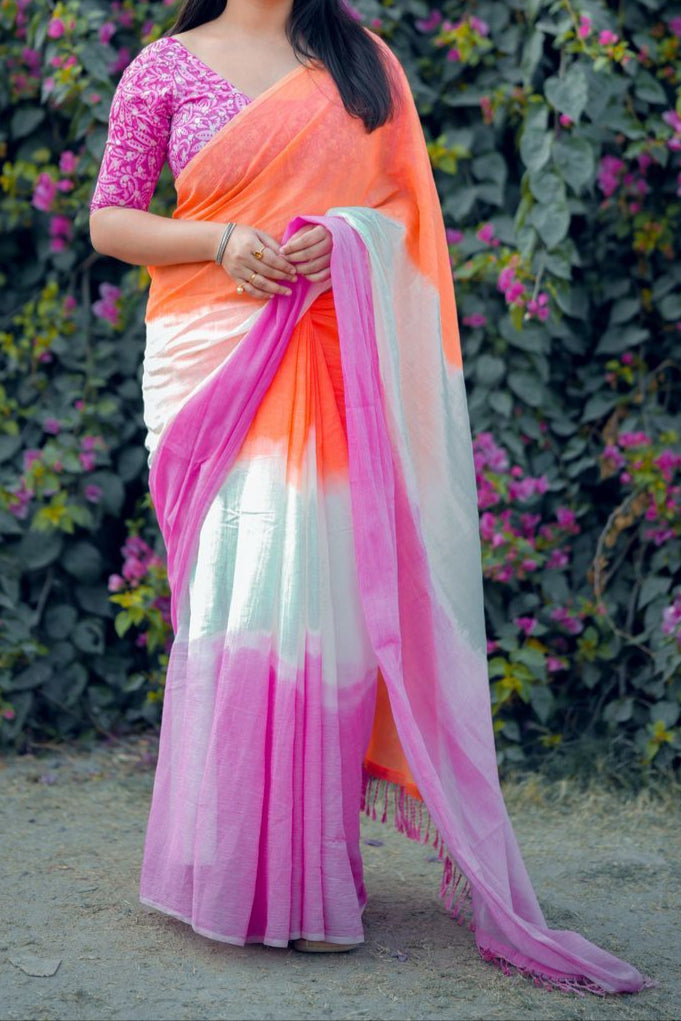 Tri- Color Chiffon Silk Saree