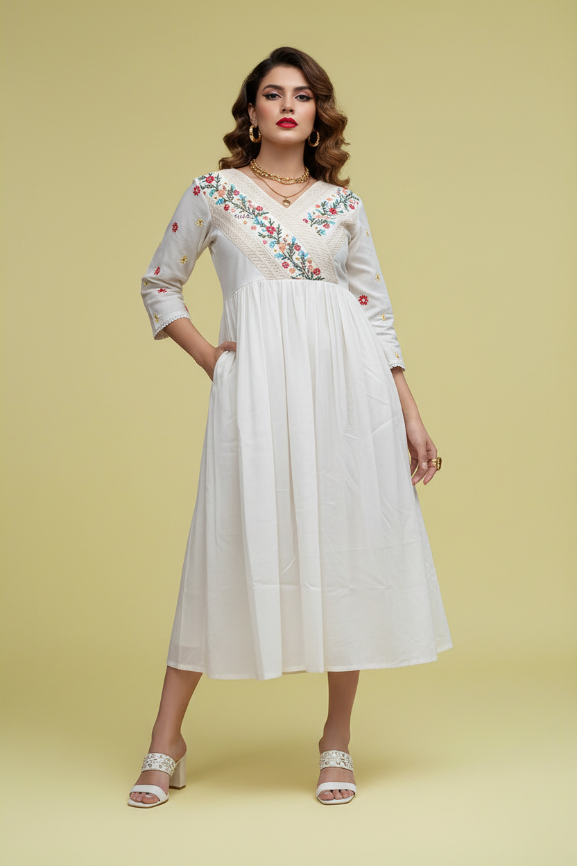White Flower Cotton Dress