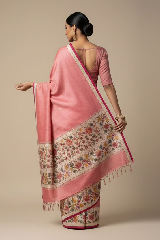 She's Iconic Tussar Pink Silk Saree