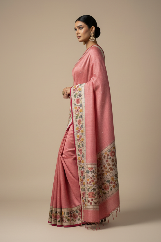 She's Iconic Tussar Pink Silk Saree