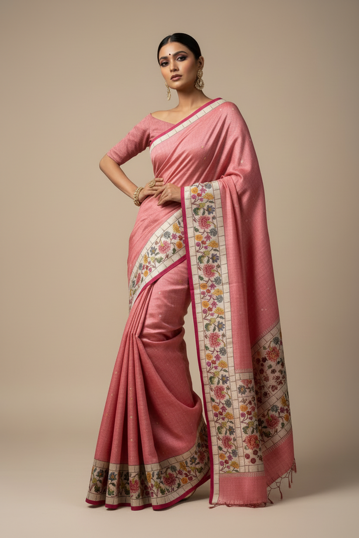 She's Iconic Tussar Pink Silk Saree