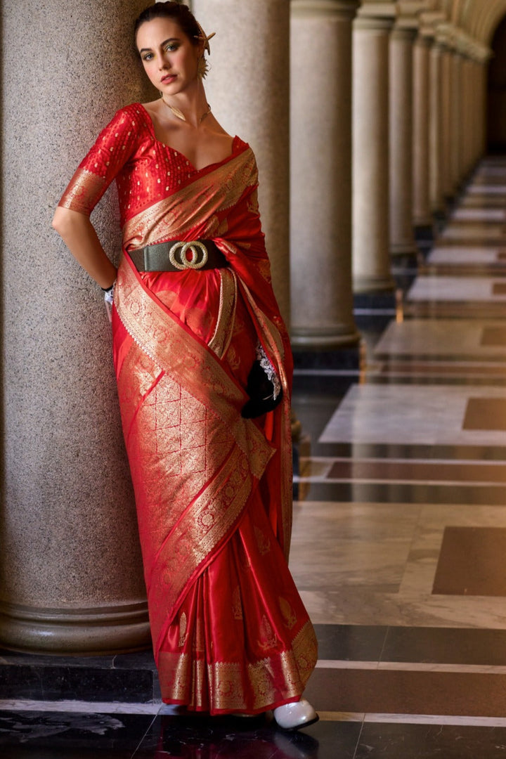 A single Bloom Red Muga Silk Saree