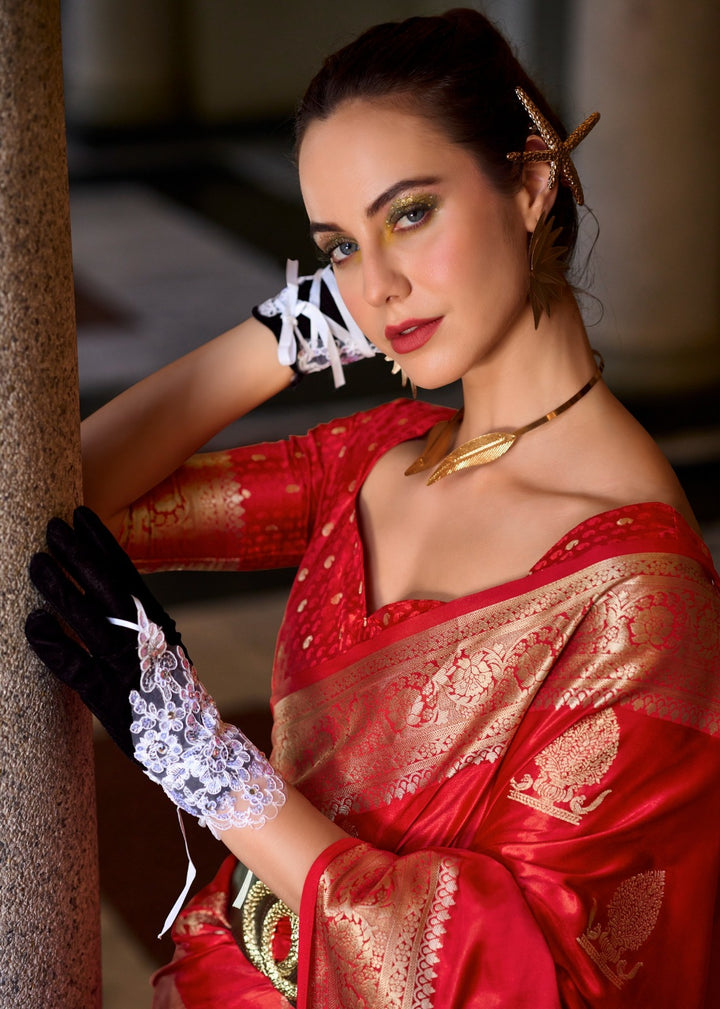 A single Bloom Red Muga Silk Saree