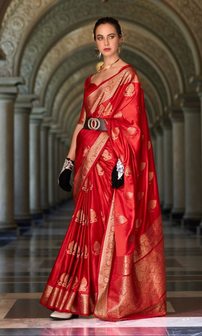 A single Bloom Red Muga Silk Saree
