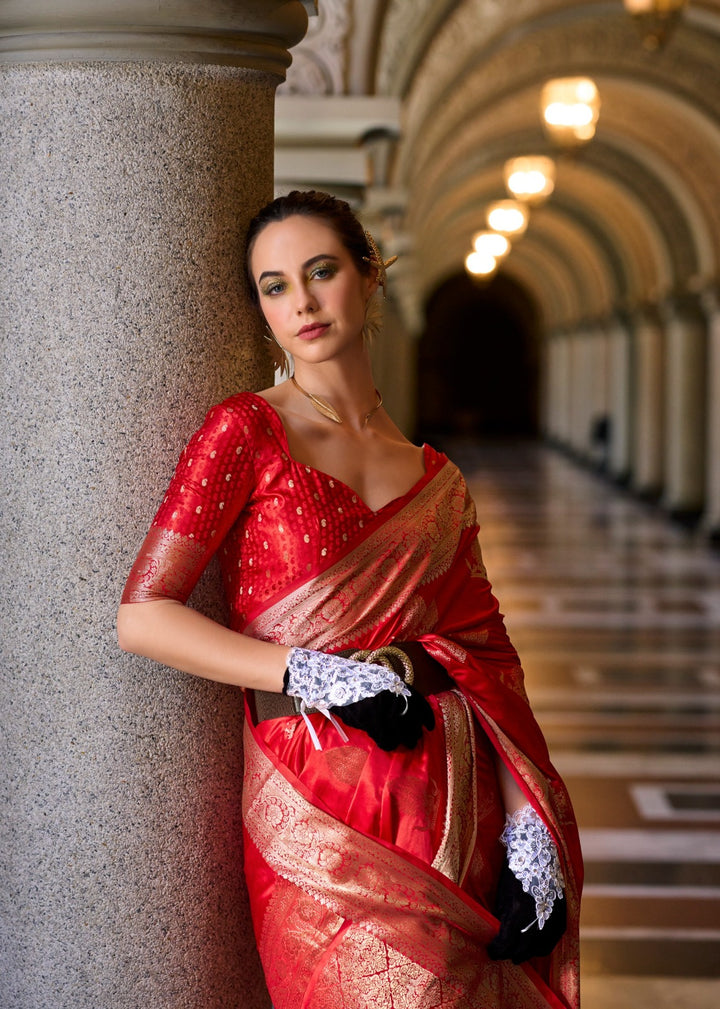 A single Bloom Red Muga Silk Saree