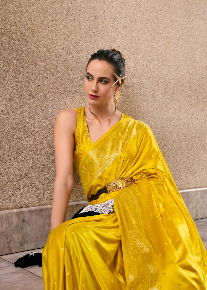 A single Bloom Yellow Muga Silk Saree