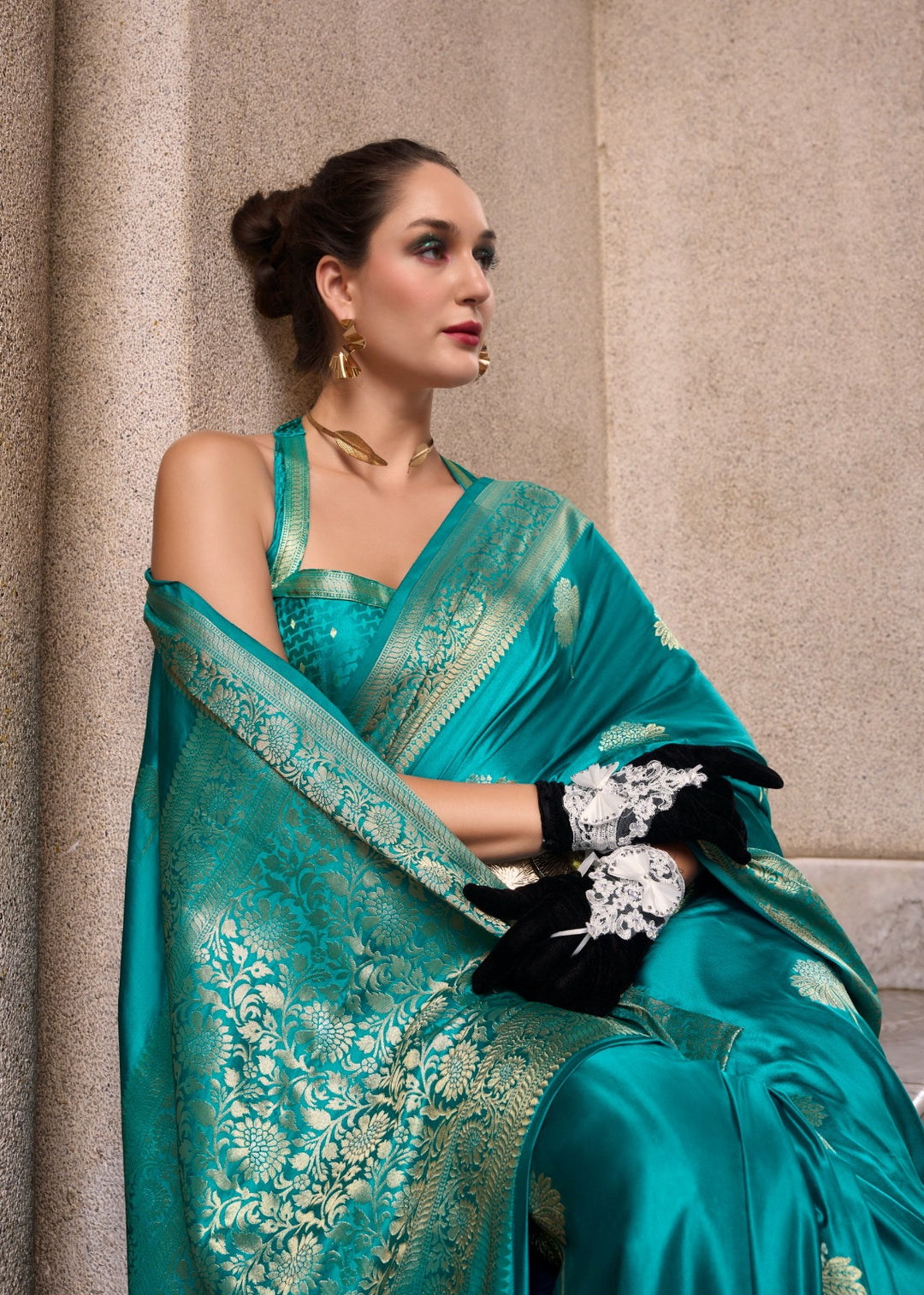 A single Bloom Blue Muga Silk Saree