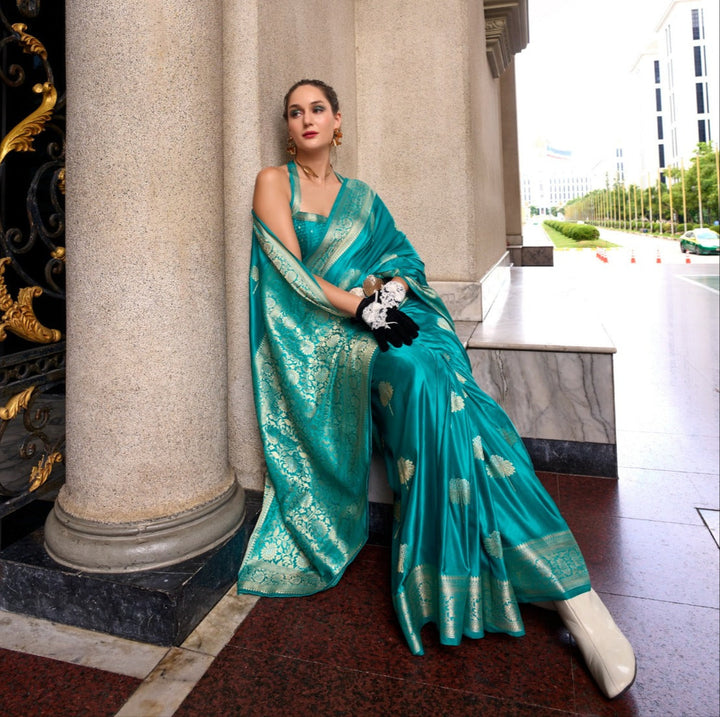 A single Bloom Blue Muga Silk Saree
