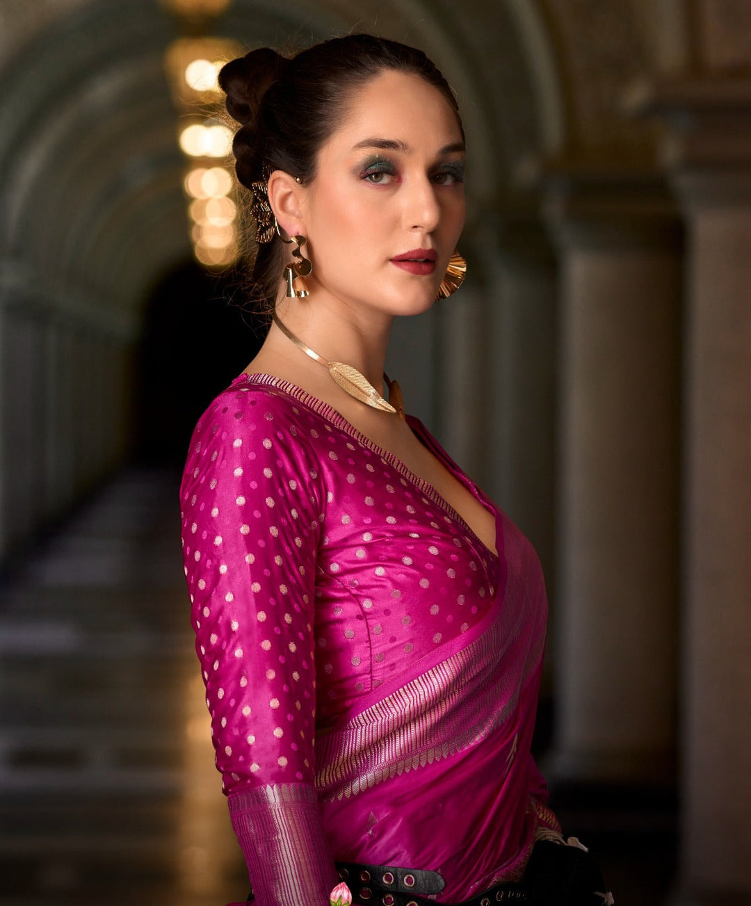 A single Bloom Pink Muga Silk Saree