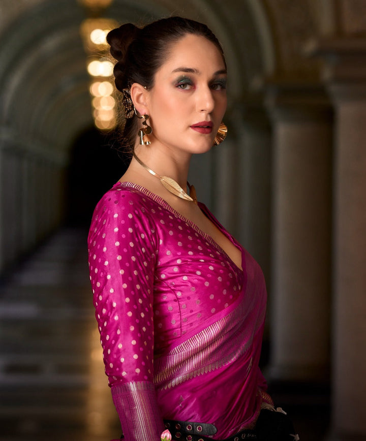 A single Bloom Pink Muga Silk Saree