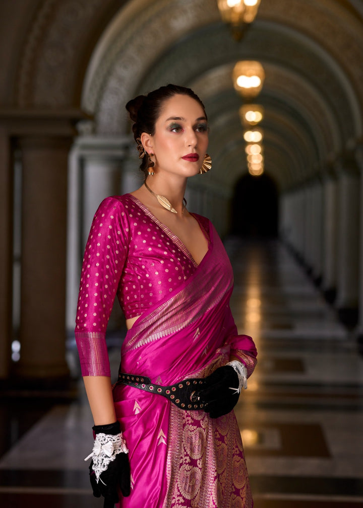 A single Bloom Pink Muga Silk Saree