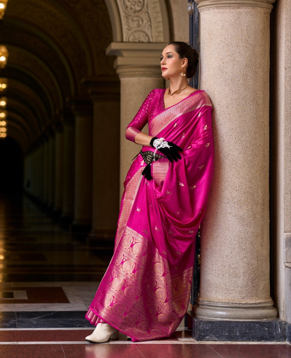 A single Bloom Pink Muga Silk Saree