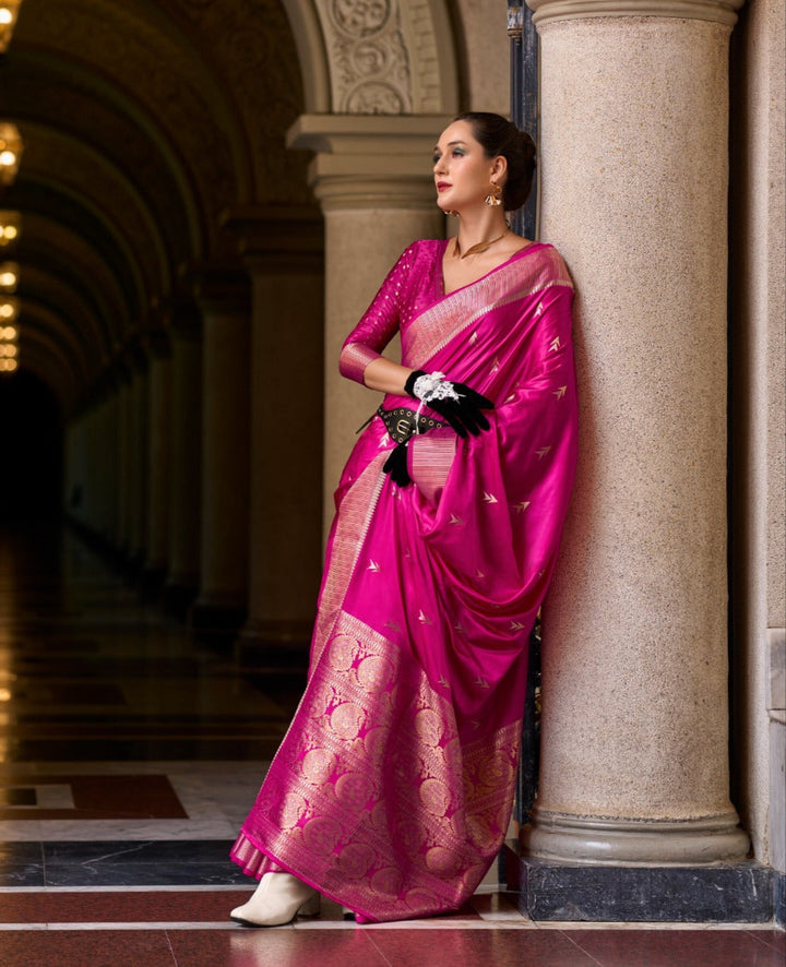 A single Bloom Pink Muga Silk Saree