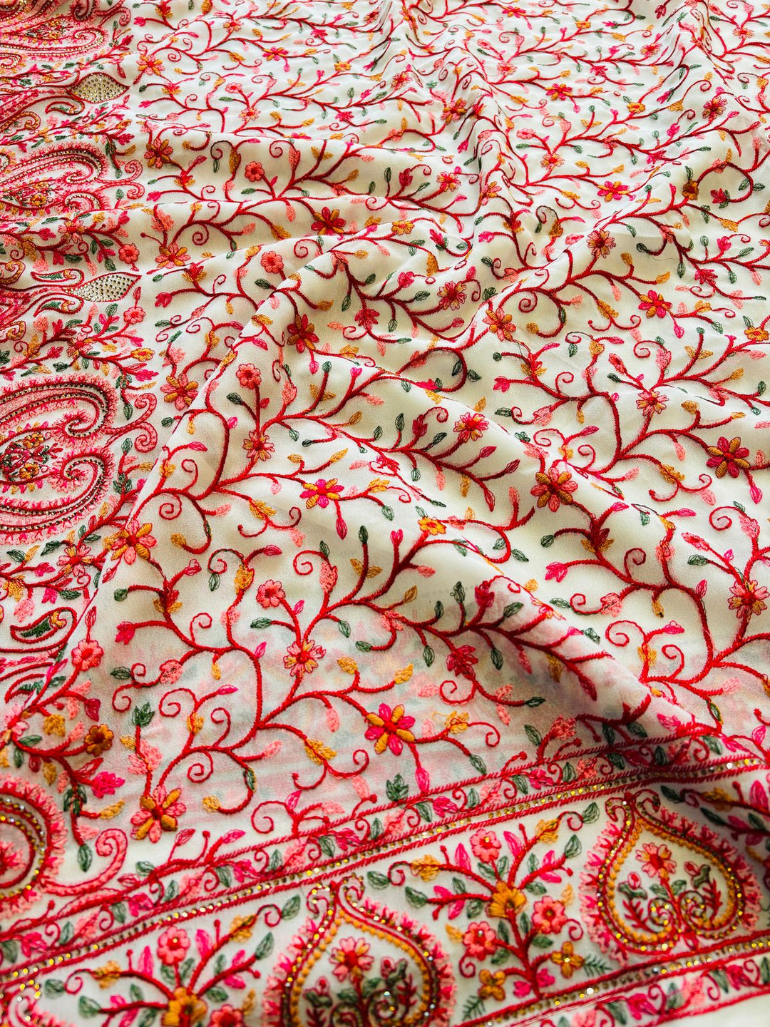 Famous In Embroidery - Designer Georgette Saree(White)