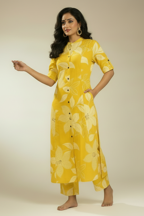 Enthusiastic Yellow Cotton Coord Set