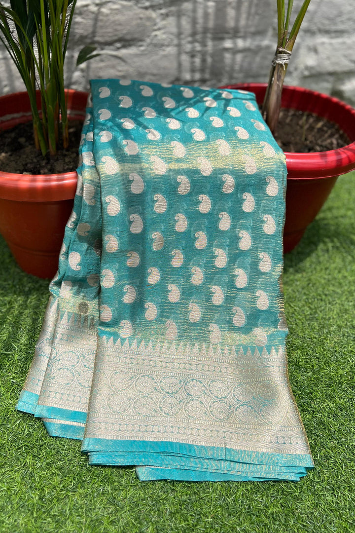Sanskar Styles Banarasi Tissue Katan Crush Blue Silk Saree