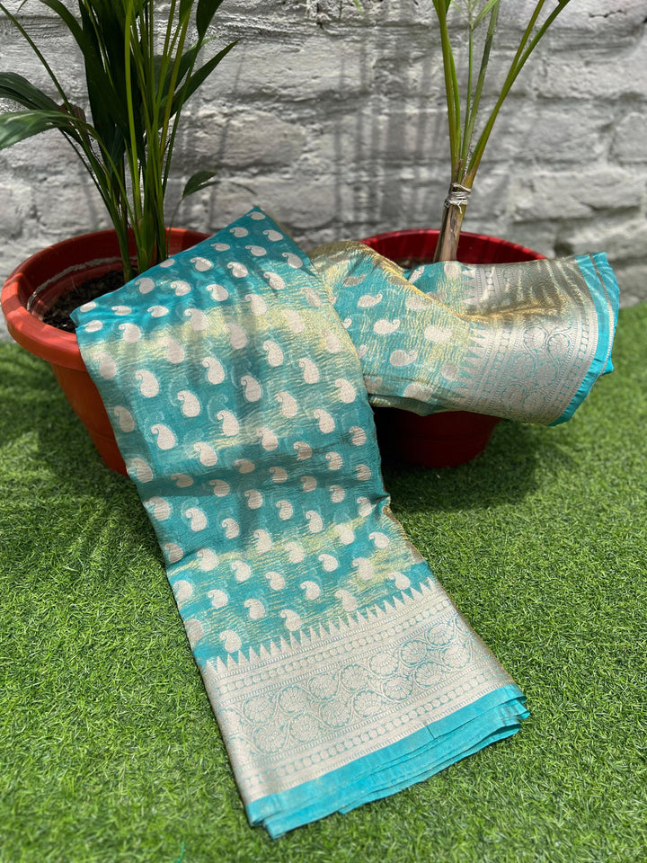 Sanskar Styles Banarasi Tissue Katan Crush Blue Silk Saree