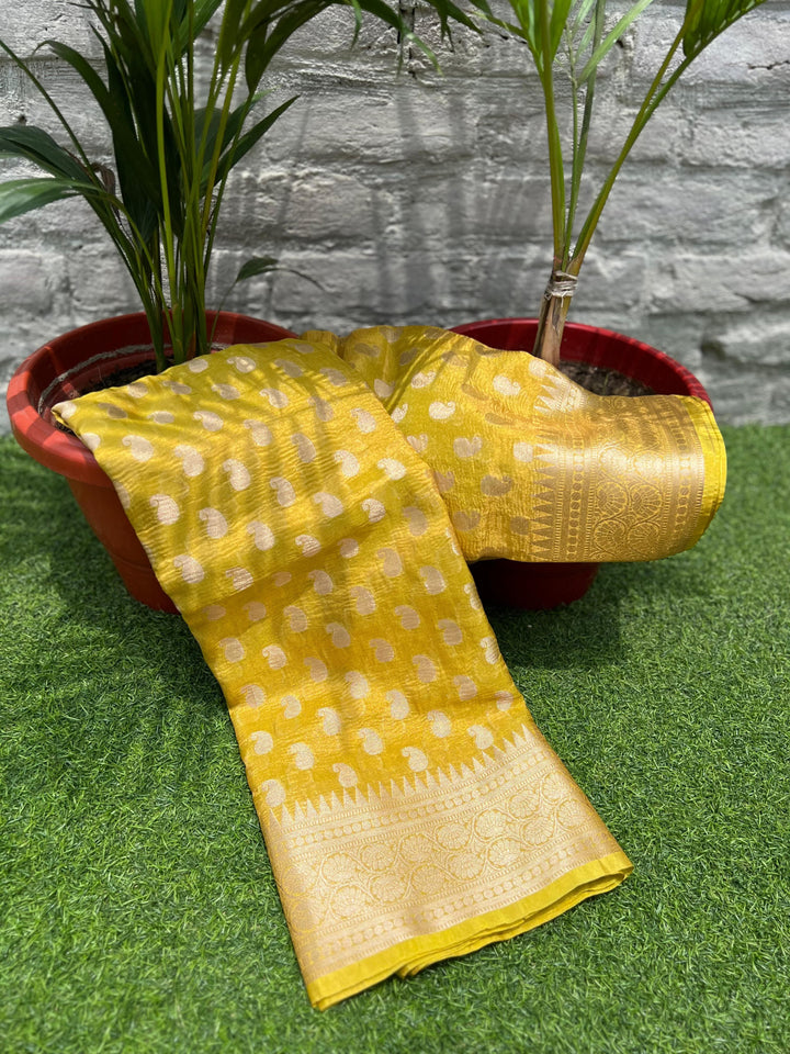 Sanskar Styles Banarasi Tissue Katan Crush Yellow Silk Saree