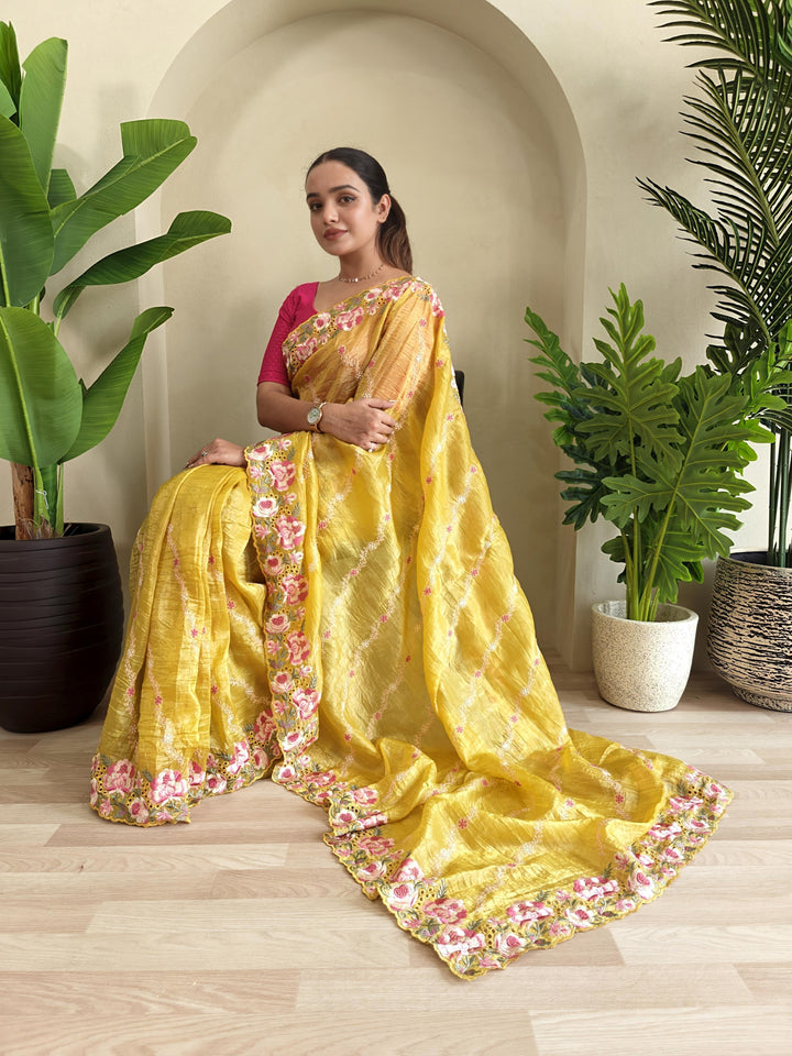 Love In The Air Crush Silk Yellow Saree