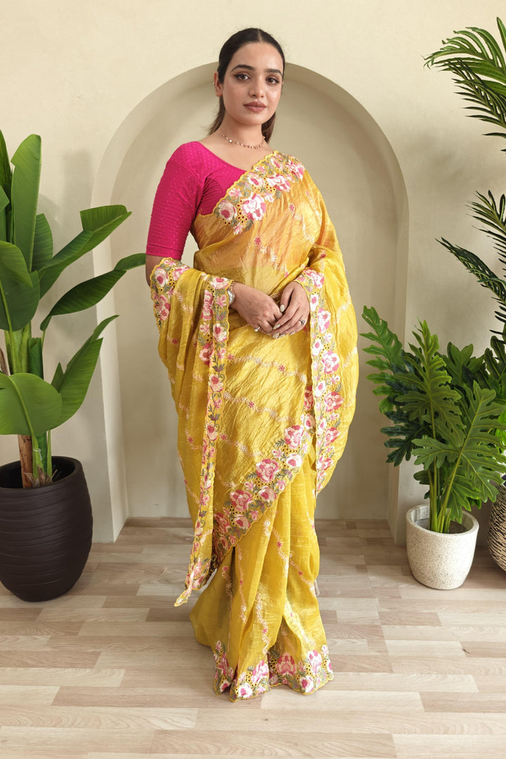 Love In The Air Crush Silk Yellow Saree