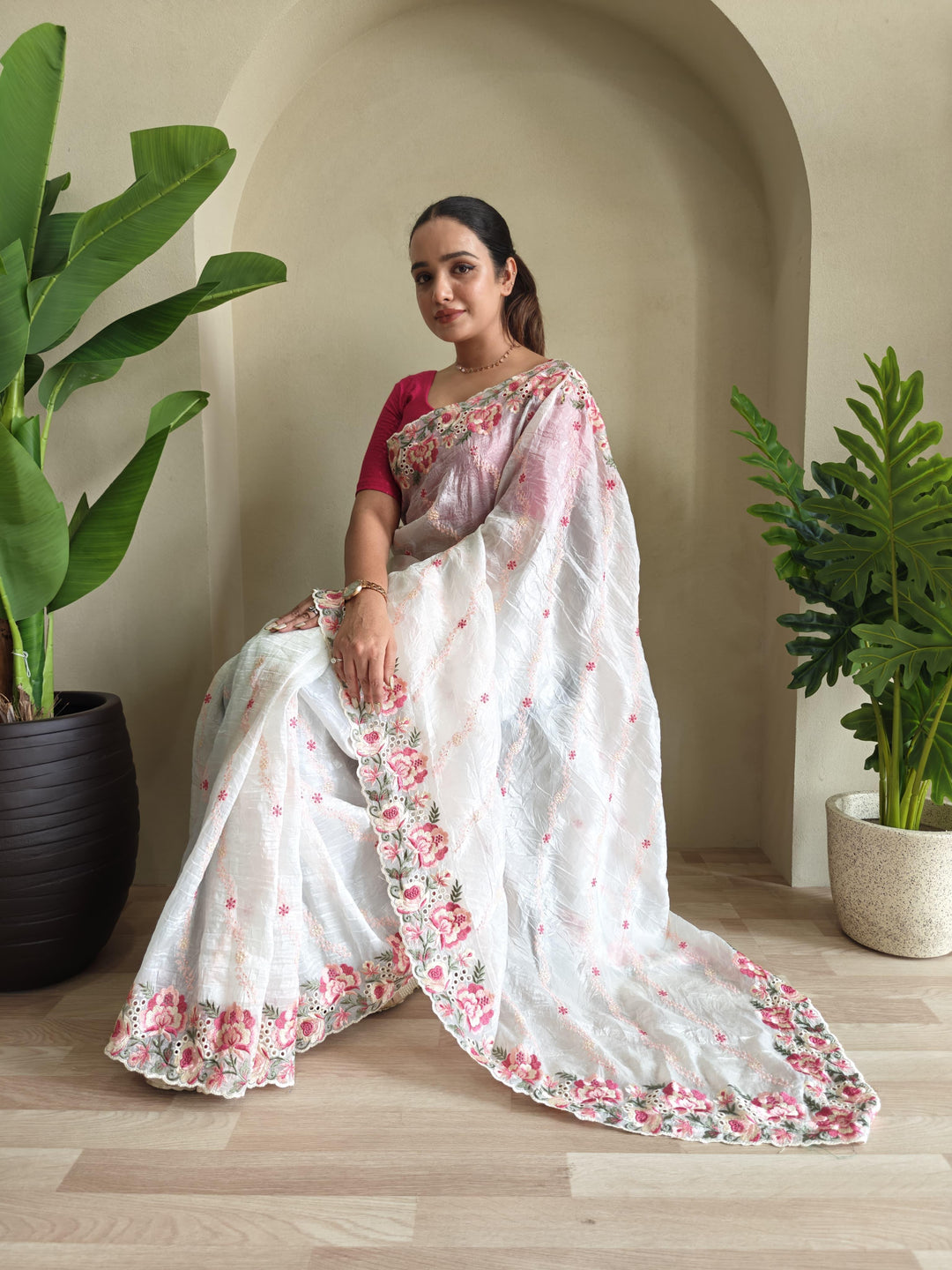 Love In The Air Crush Silk White Saree