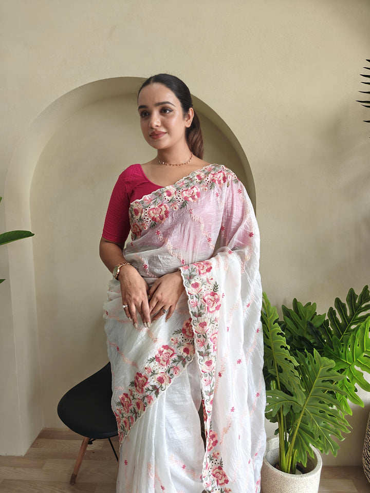Love In The Air Crush Silk White Saree