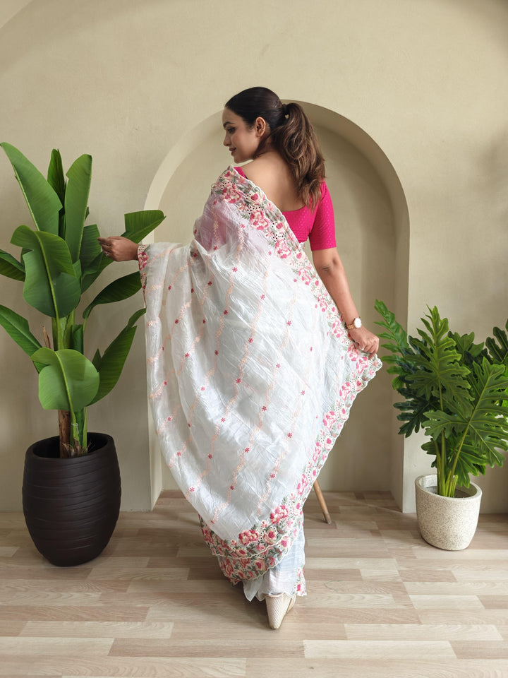 Love In The Air Crush Silk White Saree
