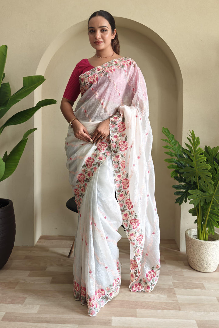 Love In The Air Crush Silk White Saree