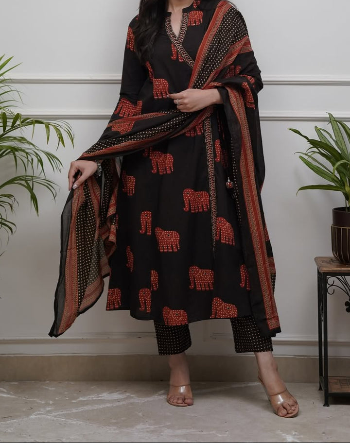 Elephant Print Cotton Kurti Set