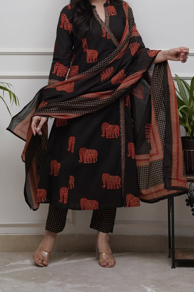 Elephant Print Cotton Kurti Set