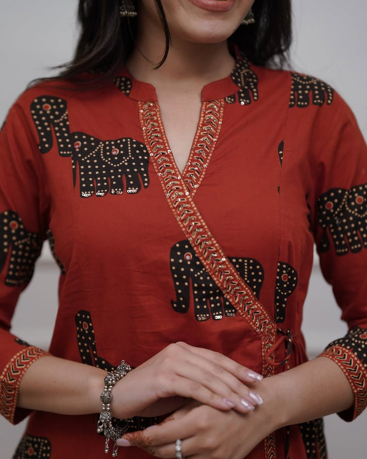 Elephant Print Cotton Kurti Set