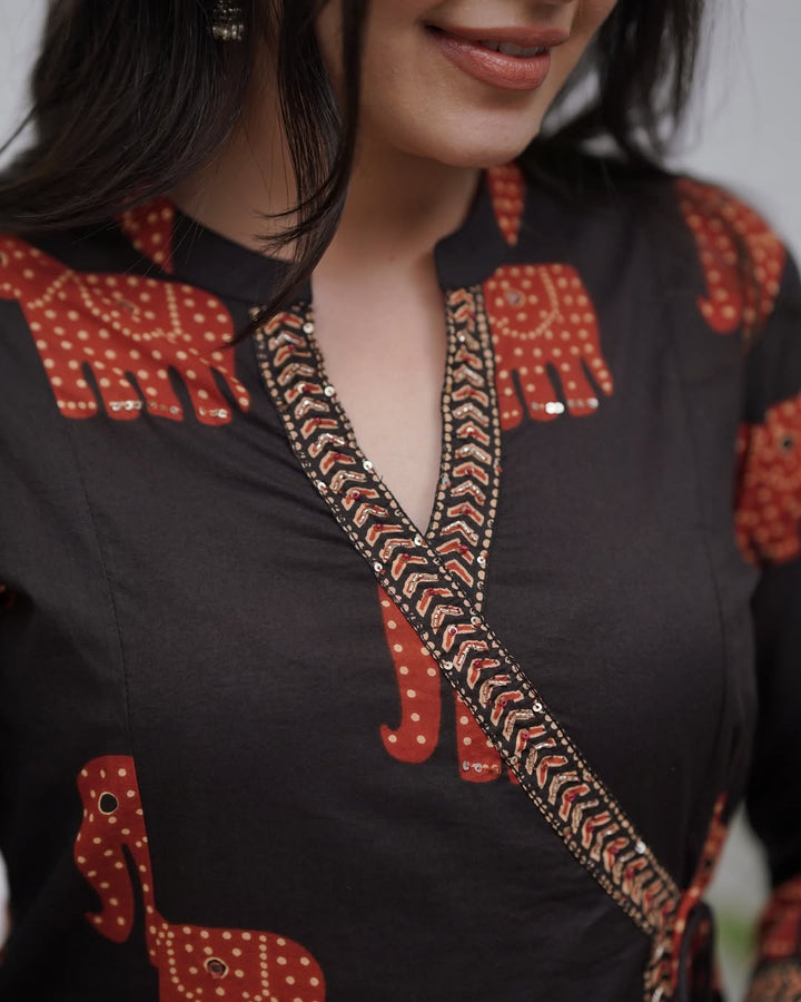 Elephant Print Cotton Kurti Set