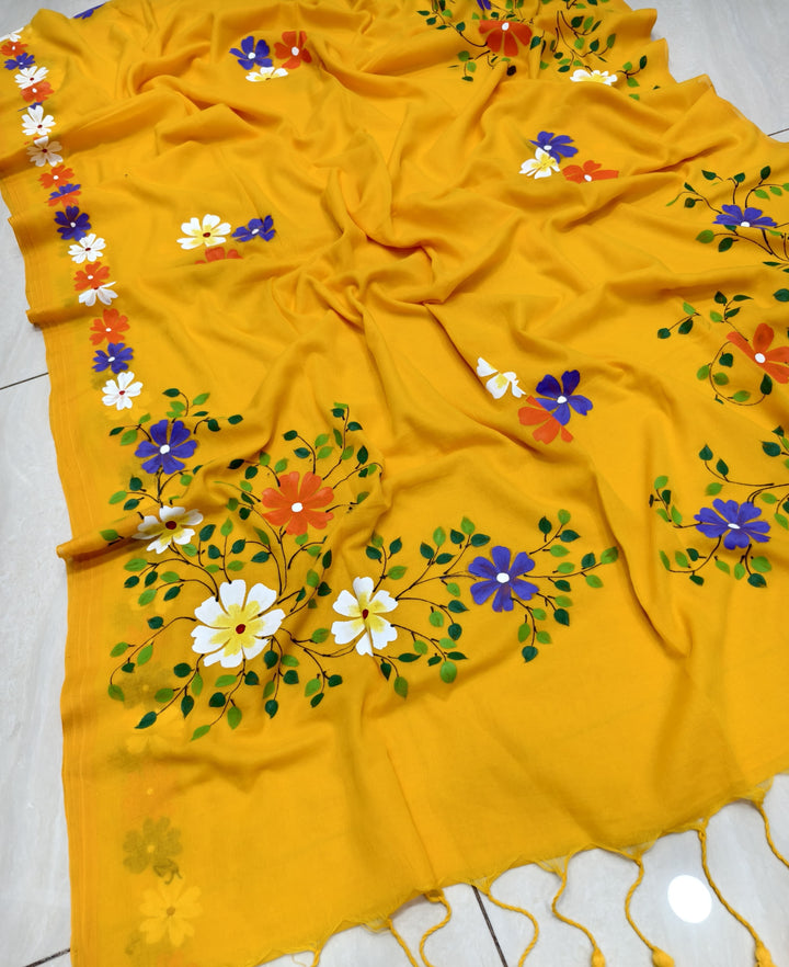 PrasonKumari Mul Cotton Yellow Saree