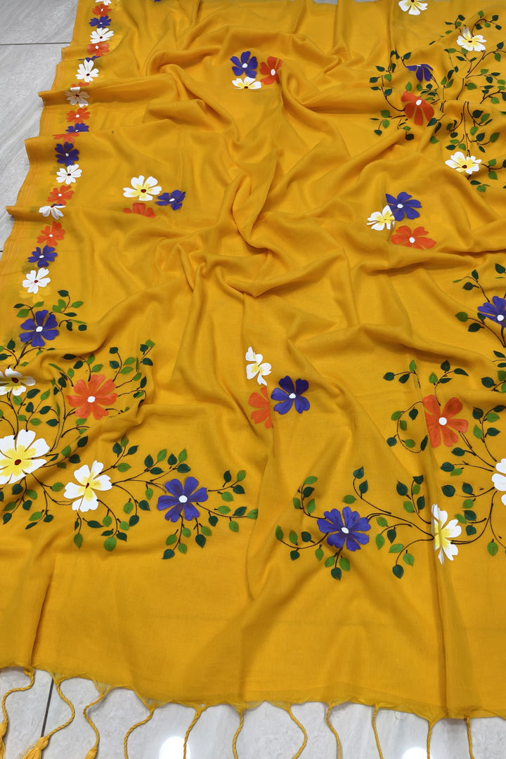 PrasonKumari Mul Cotton Yellow Saree