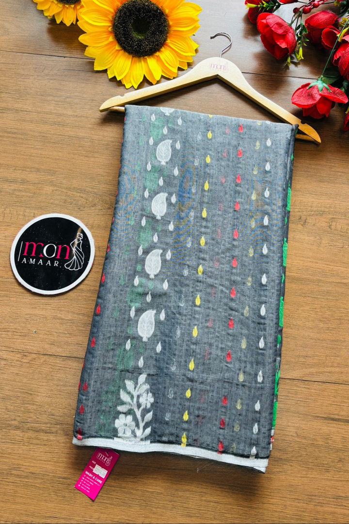 Grey Floral Dhakai Jamdani Saree