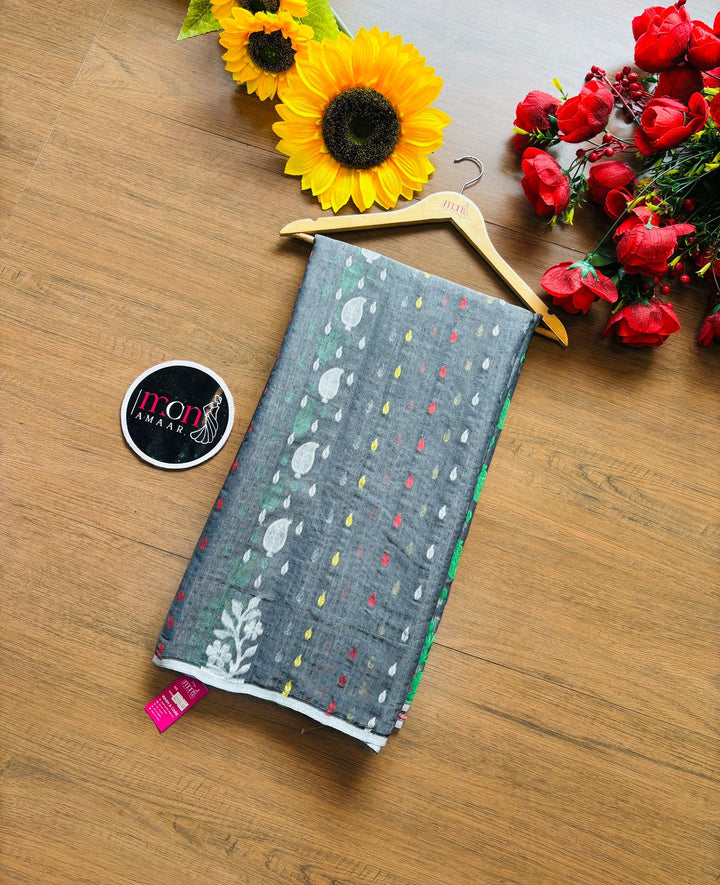 Grey Floral Dhakai Jamdani Saree