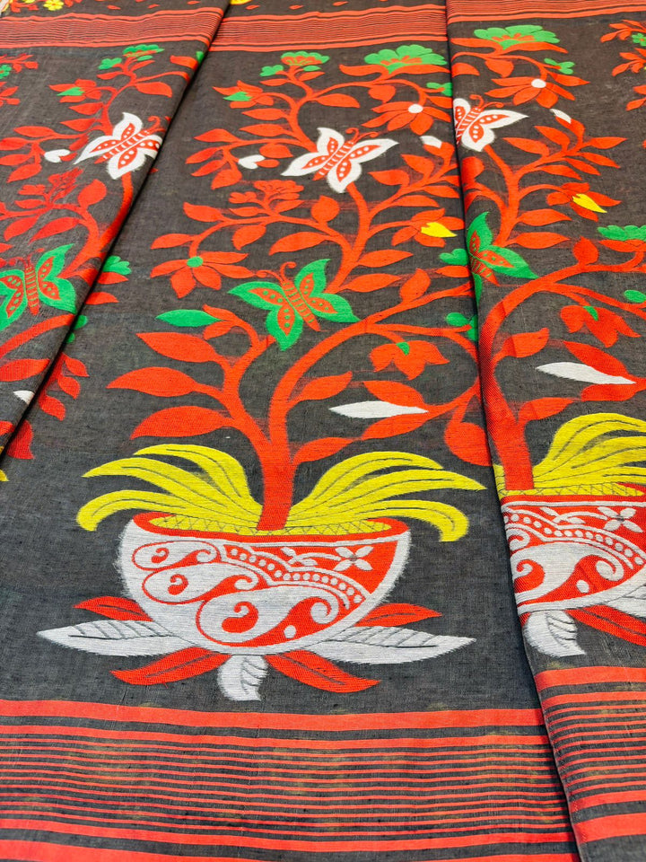 Grey Floral Dhakai Jamdani Saree