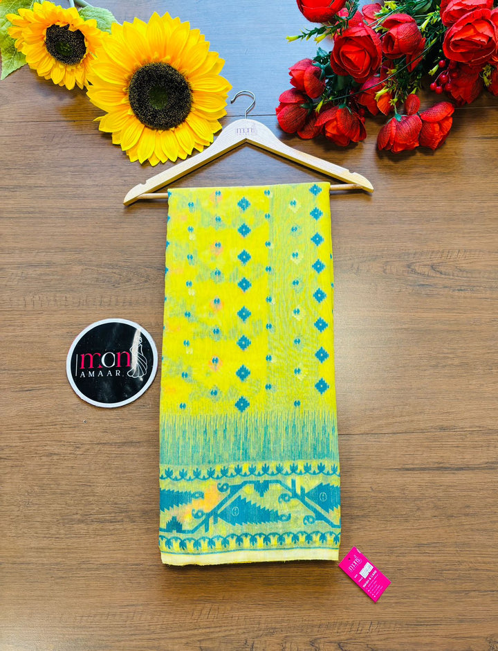 Pineapple Yellow and Dark Green Designer Ikkat Dhakai Jamdani Saree